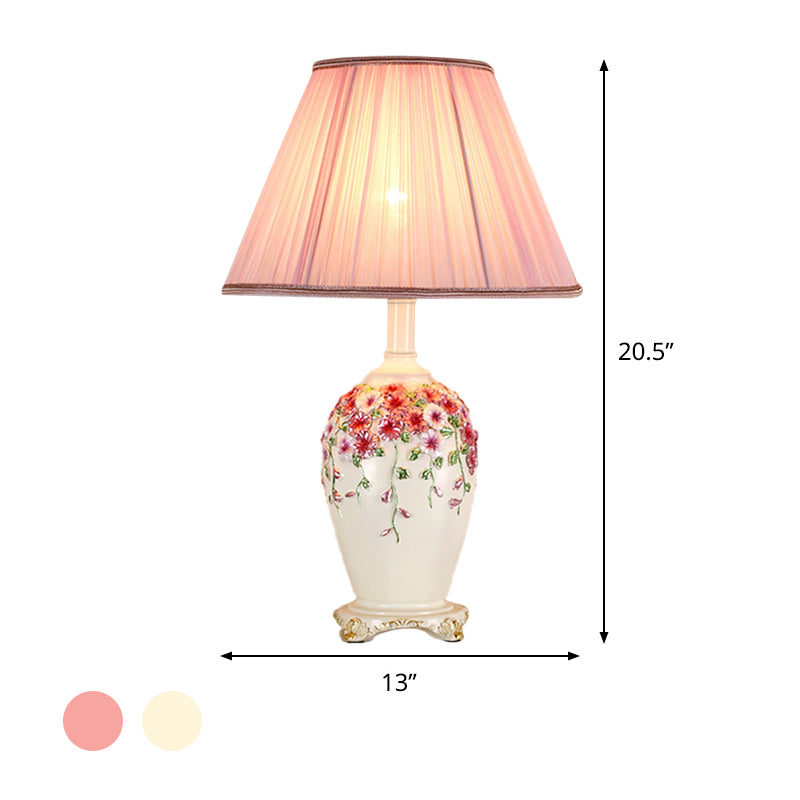 Gathered Fabric Beige/Pink Nightstand Light Conical 1 Light Pastoral Style Table Lamp with Painted Pottery Base