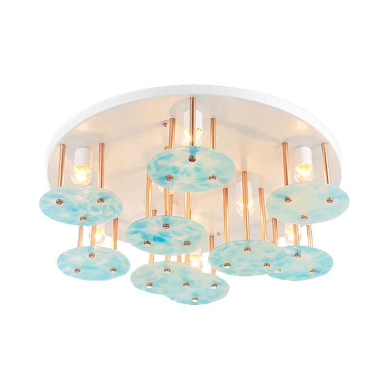 Flake Gradient Blue Glass Semi Flush Kids 9-Head White and Gold Ceiling Mount Light Fixture