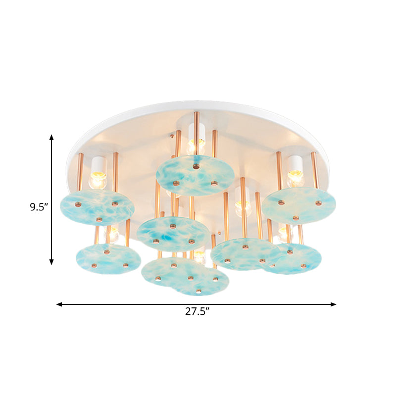 Flake Gradient Blue Glass Semi Flush Kids 9-Head White and Gold Ceiling Mount Light Fixture