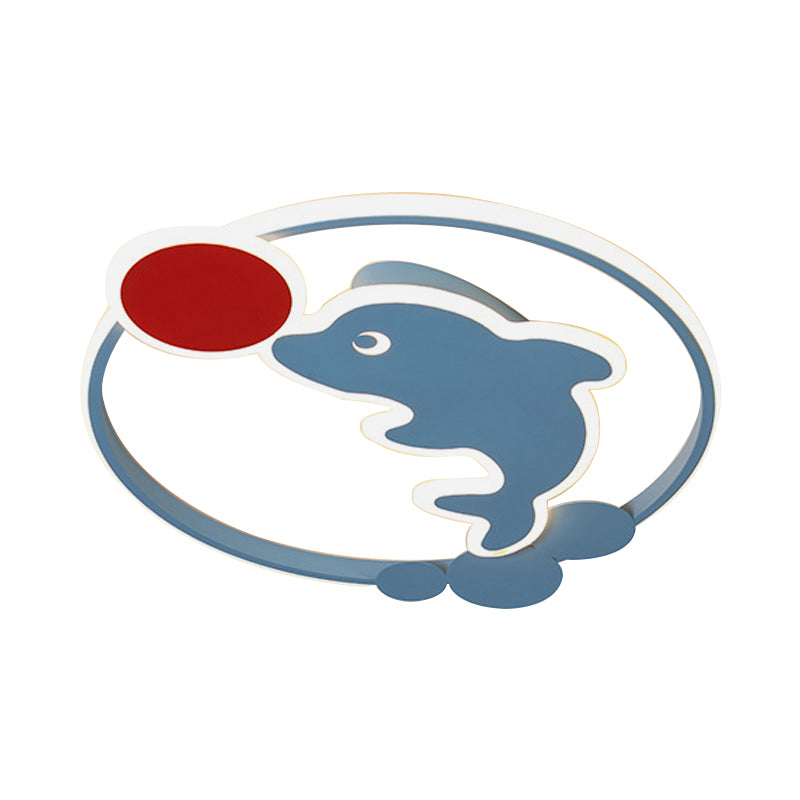 Cartoon LED Flushmount Blue and Red Dolphin Playing Ball Flush Mount Ceiling Light with Acrylic Shade in Warm/White Light