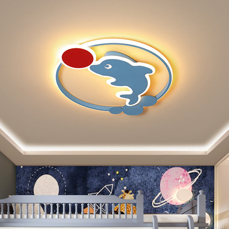 Cartoon LED Flushmount Blue and Red Dolphin Playing Ball Flush Mount Ceiling Light with Acrylic Shade in Warm/White Light