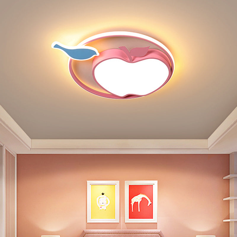 Pink Apple Ceiling Lamp Cartoon Acrylic Integrated LED Flush Mount Fixture in Warm/White Light for Kids Bedroom