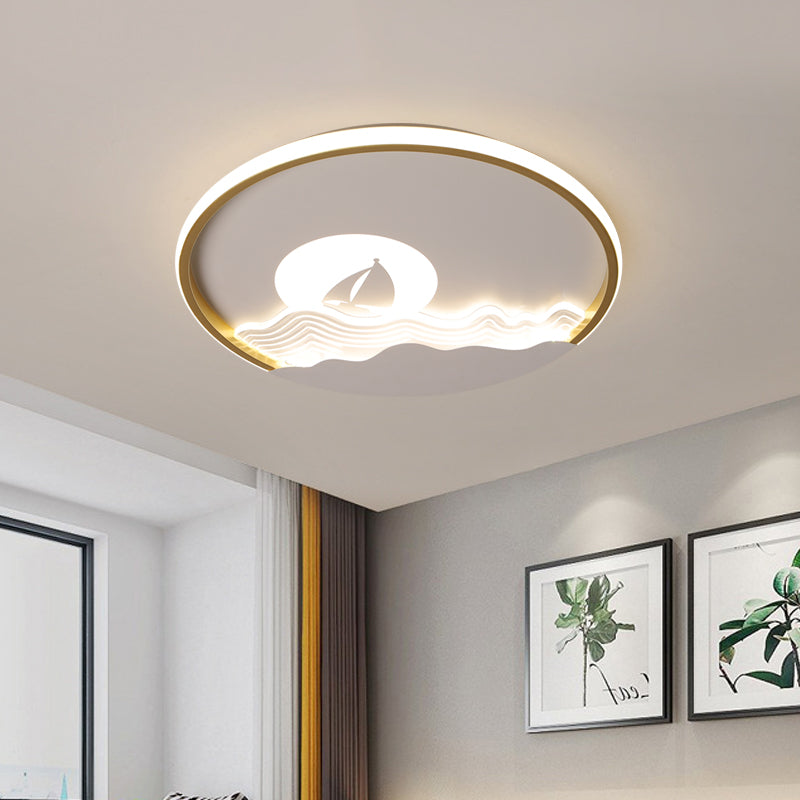 Ultrathin Aluminium Flush Mount Verlichting Kids White LED Plafond Armatuur met Boot Zeilen in zee patroon, Warm/Wit Licht