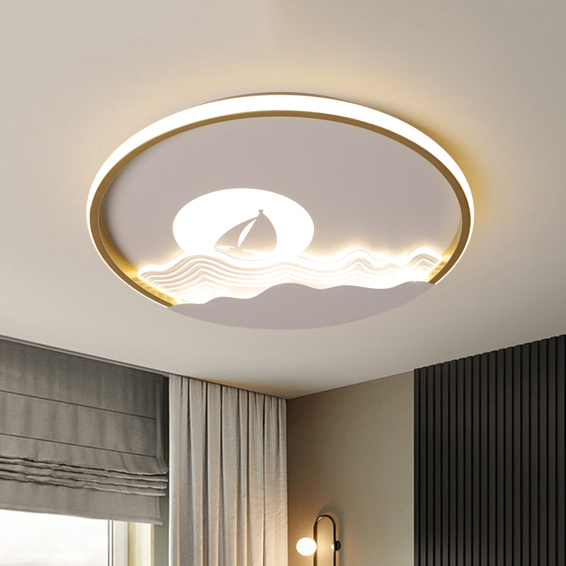 Ultrathin Aluminium Flush Mount Verlichting Kids White LED Plafond Armatuur met Boot Zeilen in zee patroon, Warm/Wit Licht