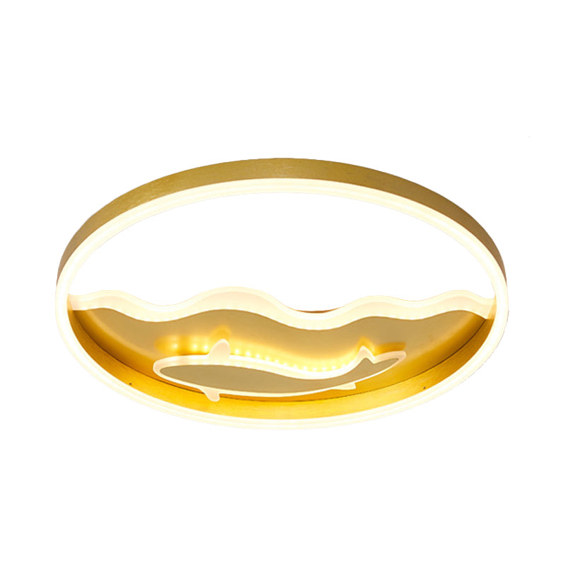 Kids Style Super Thin Flush Ceiling Light Acrylic Bedroom LED Flush-Mount Light Fixture with Fish/Apple Pattern in Gold