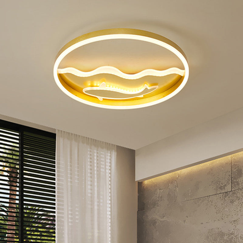 Kids Style Super Thin Flush Ceiling Light Acrylic Bedroom LED Flush-Mount Light Fixture with Fish/Apple Pattern in Gold