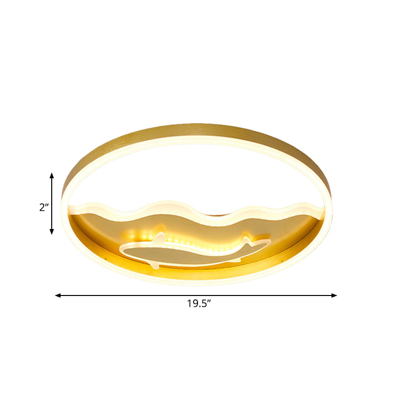 Kids Style Super Thin Flush Ceiling Light Acrylic Bedroom LED Flush-Mount Light Fixture with Fish/Apple Pattern in Gold