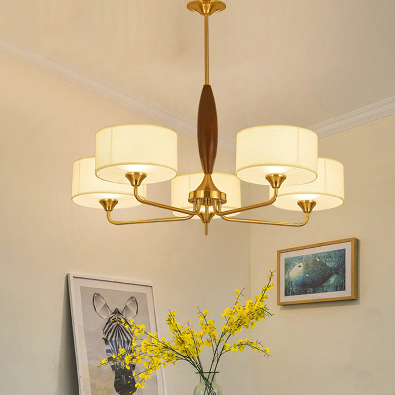 3/5-Bulb Drop Pendant Countryside Bedroom Chandelier Lamp with Drum Fabric Shade in White