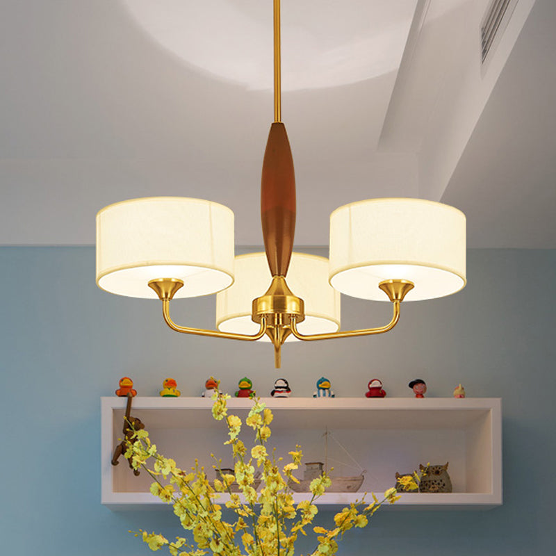 3/5-Bulb Drop Pendant Countryside Bedroom Chandelier Lamp with Drum Fabric Shade in White
