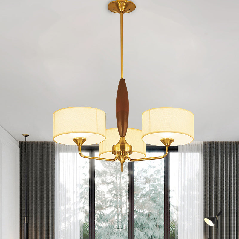 3/5-Bulb Drop Pendant Countryside Bedroom Chandelier Lamp with Drum Fabric Shade in White