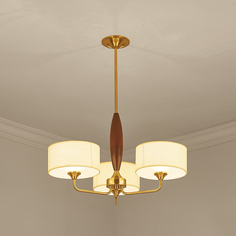 3/5-Bulb Drop Pendant Countryside Bedroom Chandelier Lamp with Drum Fabric Shade in White