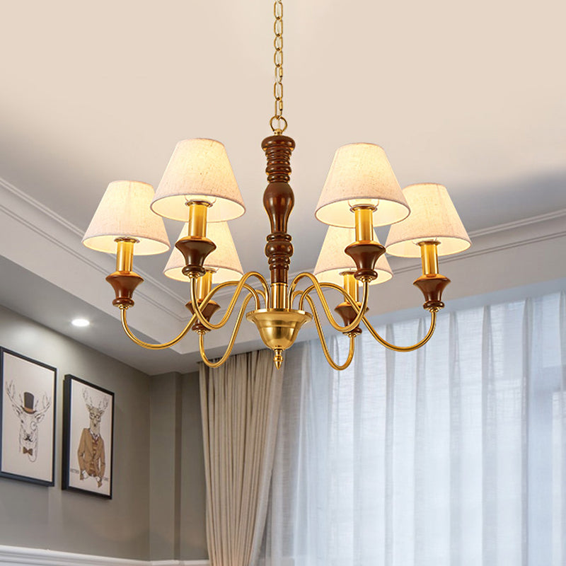 Fabric Conical Hanging Ceiling Light Rural Style 6/8 Heads Living Room Chandelier in White with Curved Arm