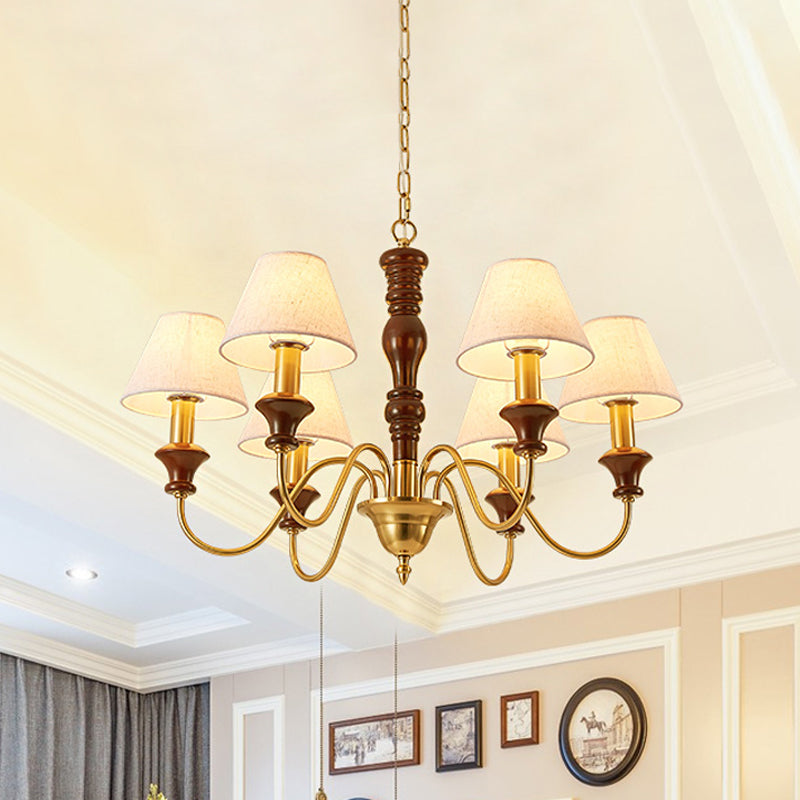 Fabric Conical Hanging Ceiling Light Rural Style 6/8 Heads Living Room Chandelier in White with Curved Arm