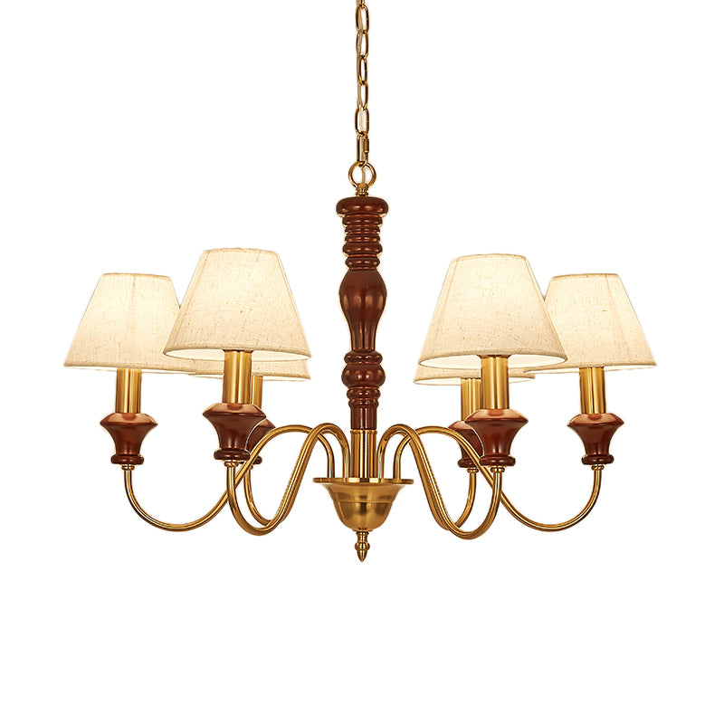 Fabric Conical Hanging Ceiling Light Rural Style 6/8 Heads Living Room Chandelier in White with Curved Arm