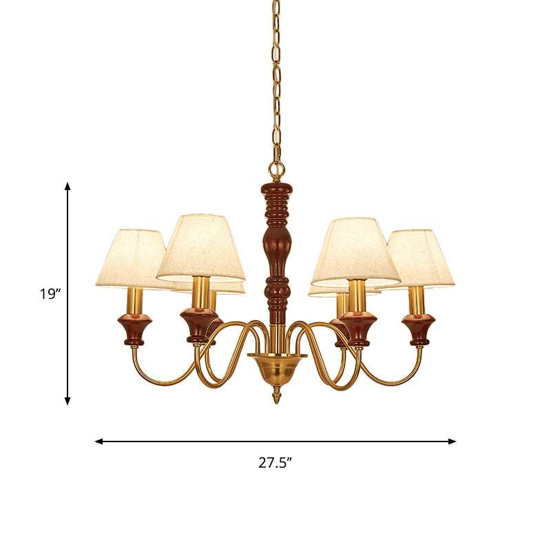 Fabric Conical Hanging Ceiling Light Rural Style 6/8 Heads Living Room Chandelier in White with Curved Arm
