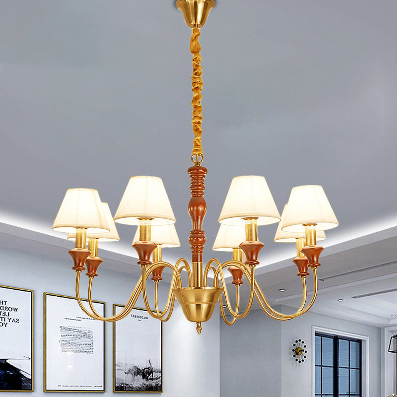Fabric Conical Hanging Ceiling Light Rural Style 6/8 Heads Living Room Chandelier in White with Curved Arm