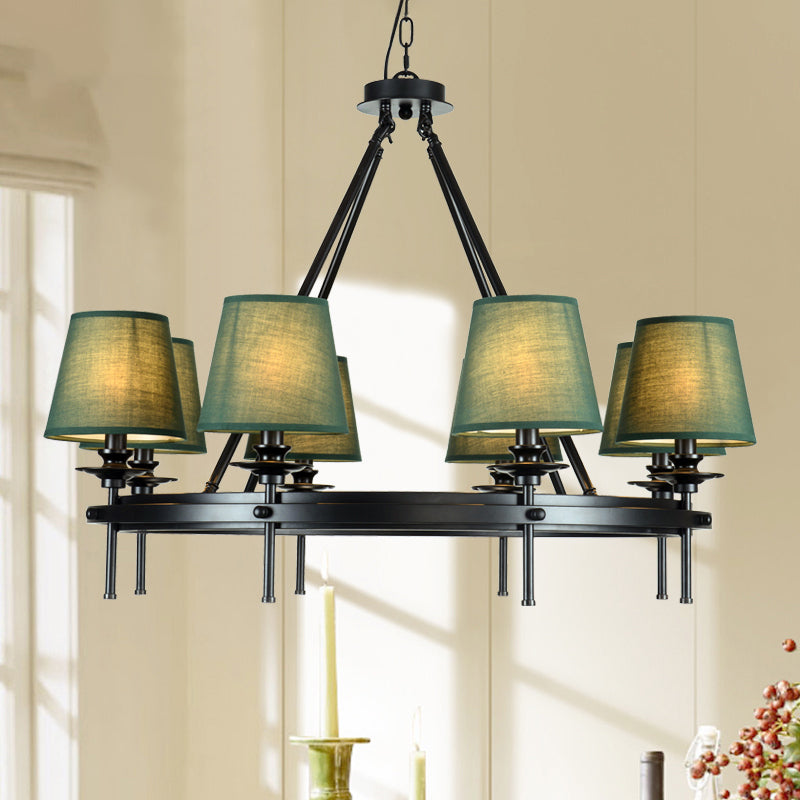 8 lampadario Circolo lampada a sospensione Circolo RETRO Green Metal Affermazione del soffitto con tonalità in tessuto conico