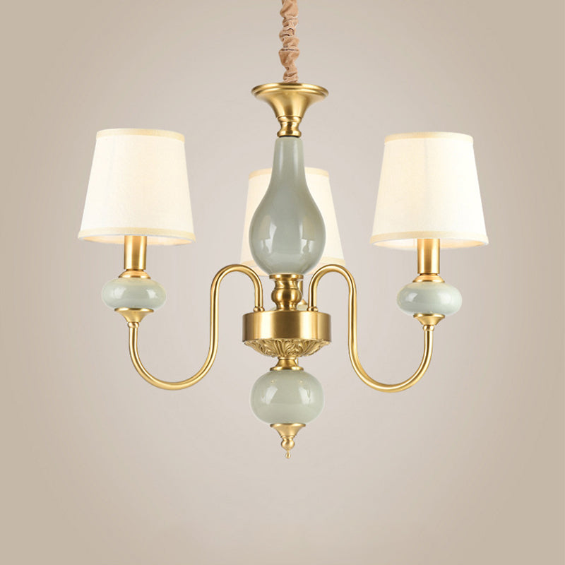 Brass Swooping Arm Chandelier Lighting Fixture Classic Metal 3 Lights Dining Room Hanging Lamp with Cone Fabric Shade