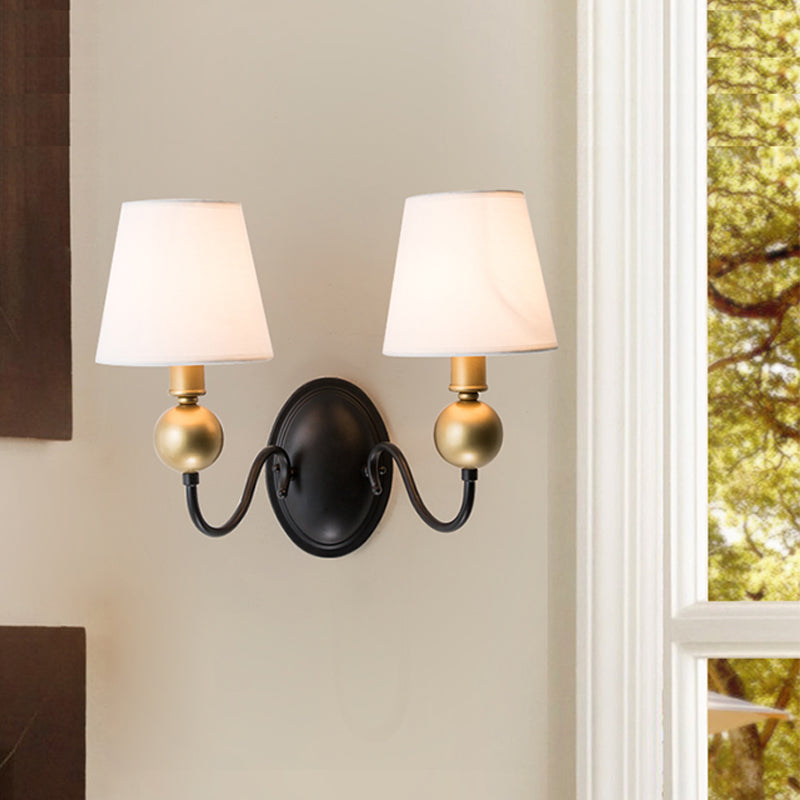 Tapered Fabric Wall Sconce Light Rural 1/2-Bulb Bedroom Wall Mount Lighting in White/Beige with Swooping Arm
