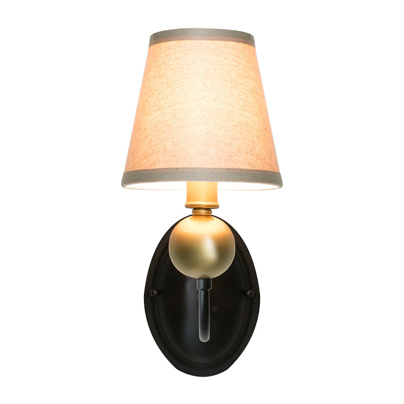 Tapered Fabric Wall Sconce Light Rural 1/2-Bulb Bedroom Wall Mount Lighting in White/Beige with Swooping Arm