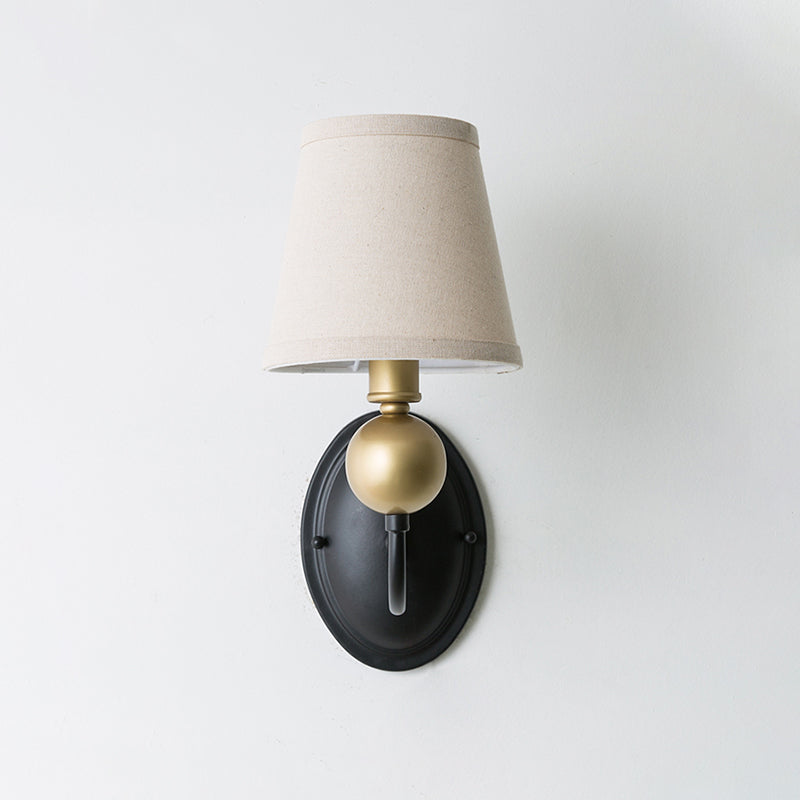 Tapered Fabric Wall Sconce Light Rural 1/2-Bulb Bedroom Wall Mount Lighting in White/Beige with Swooping Arm