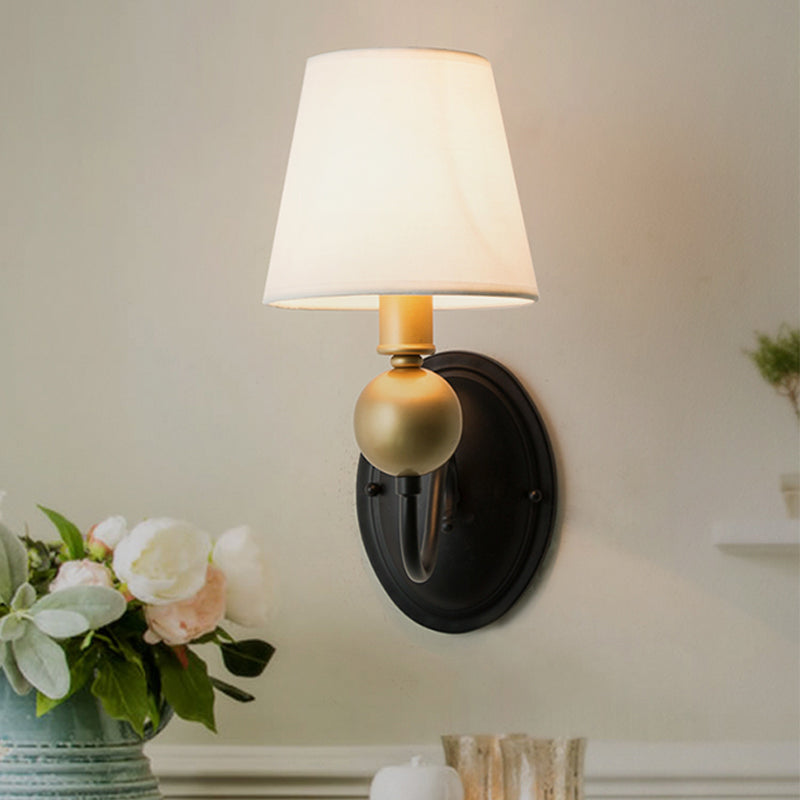 Tapered Fabric Wall Sconce Light Rural 1/2-Bulb Bedroom Wall Mount Lighting in White/Beige with Swooping Arm