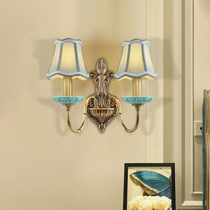 Scalloped Corridor Wall Sconce Rural Style Fabric 1/2-Light Brass Wall Lighting Ideas with Curved Arm