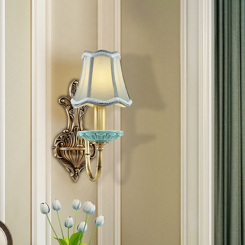 Scalloped Corridor Wall Sconce Rural Style Fabric 1/2-Light Brass Wall Lighting Ideas with Curved Arm