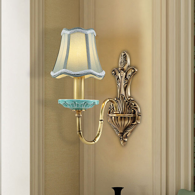 Scalloped Corridor Wall Sconce Rural Style Fabric 1/2-Light Brass Wall Lighting Ideas with Curved Arm