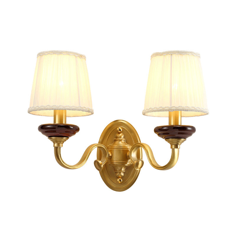 1/2-Bulb Fabric Wall Mounted Lamp Traditional Brass Finish Tapered Wall Light Sconce for Dining Room