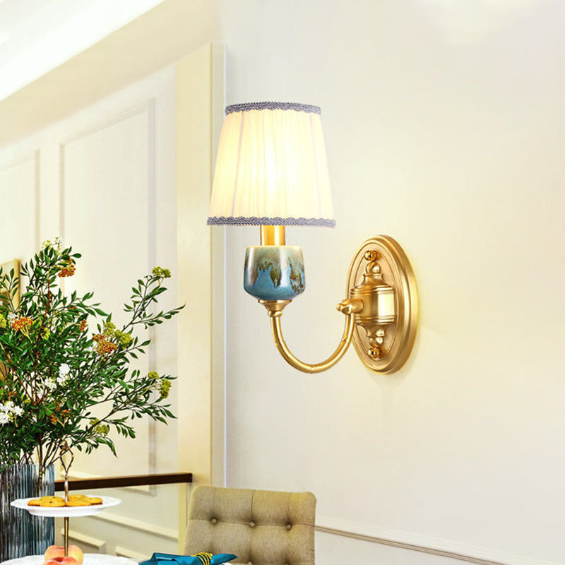 Brass 1/2-Light Wall Hanging Light Classic Metal Swooping Arm Wall Lamp with Cone Fabric Shade