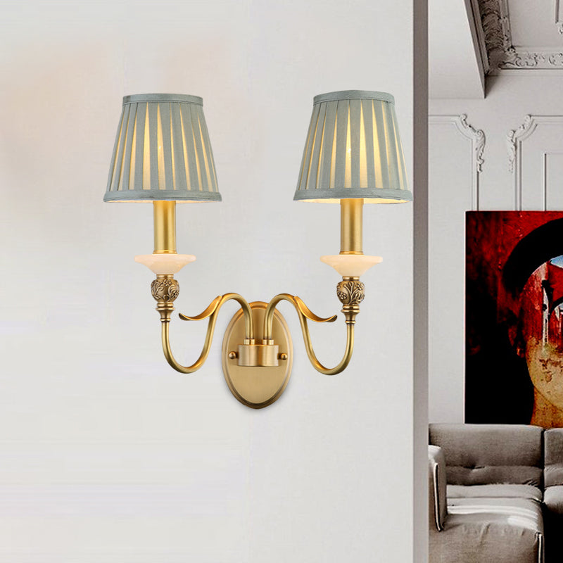 2 Heads Tapered Wall Lighting Ideas Retro Brass Finish Fabric Wall Light Sconce for Living Room