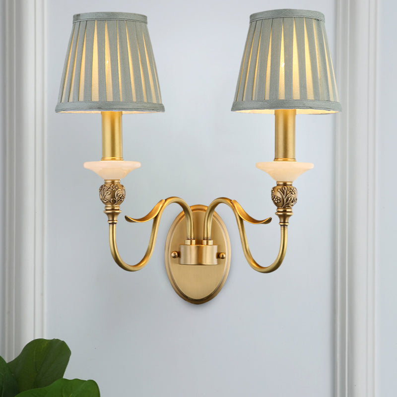 2 Heads Tapered Wall Lighting Ideas Retro Brass Finish Fabric Wall Light Sconce for Living Room