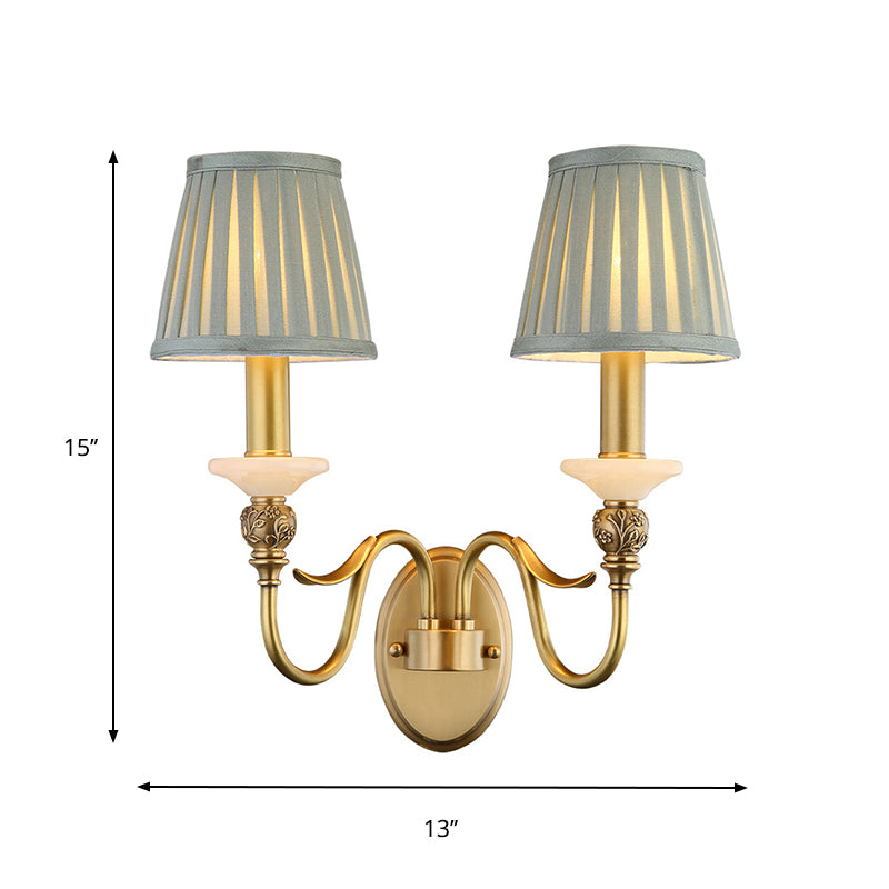 2 Heads Tapered Wall Lighting Ideas Retro Brass Finish Fabric Wall Light Sconce for Living Room