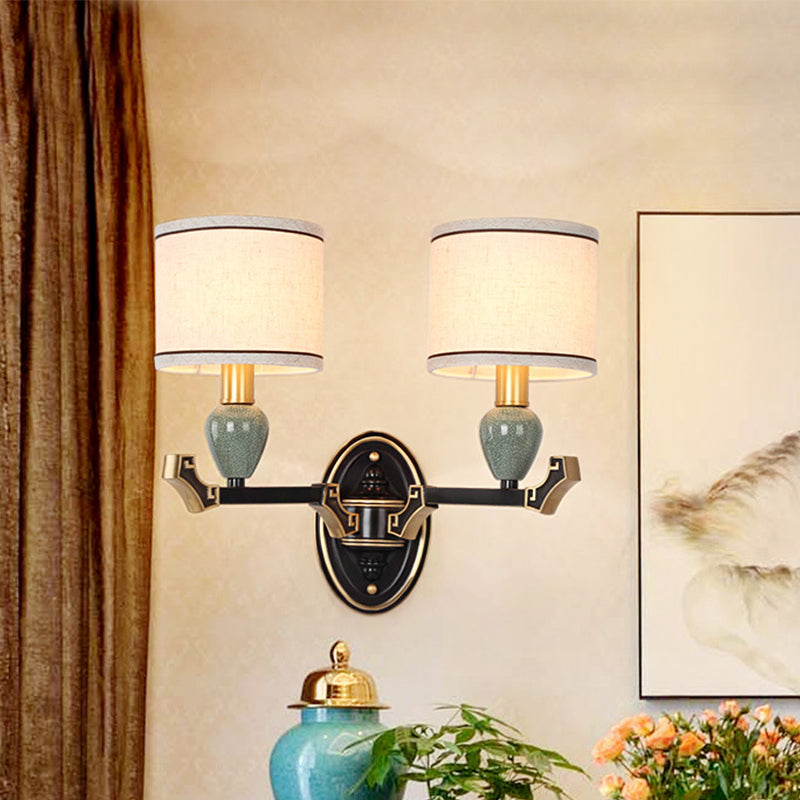 1/2-Bulb Wall Mounted Light Traditional Drum Fabric Wall Sconce Lighting in Black for Bedroom
