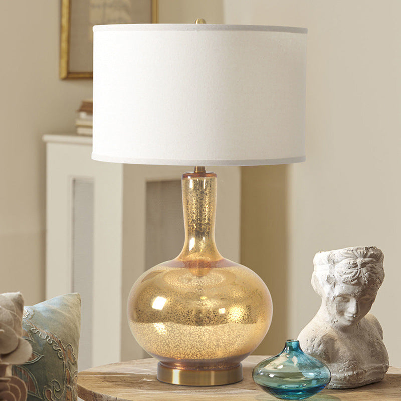 Vase Glashle Glass Night Light Country 1 dormitorio Night-Head Iluminación en oro con sombra de tela de cilindro