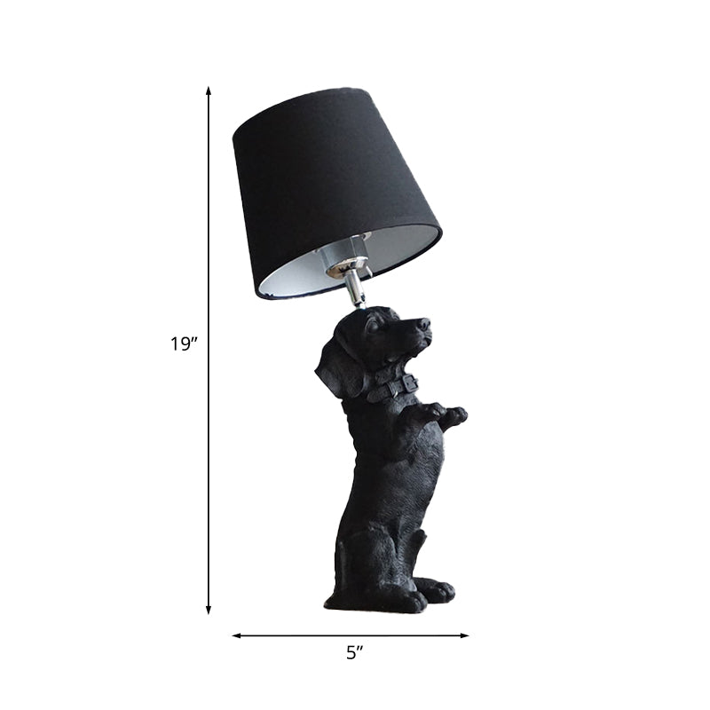 1 Bulb Fabric Night Table Light Traditional Black Drum Bedroom Nightstand Lamp with Resin Dog Base