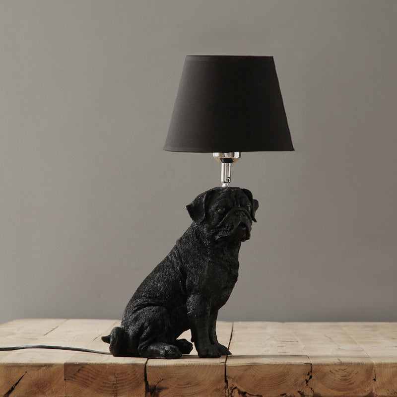 1 Bulb Fabric Night Table Light Traditional Black Drum Bedroom Nightstand Lamp with Resin Dog Base