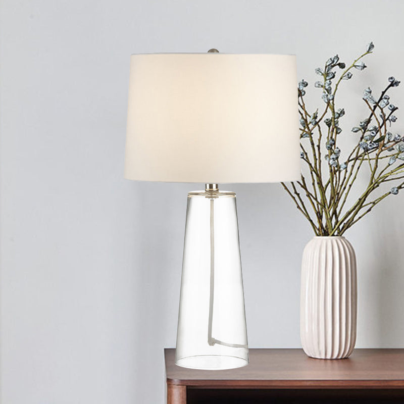 Lampe de table conique traditionnelle à 1 tête en verre transparent avec abat-jour en tissu blanc