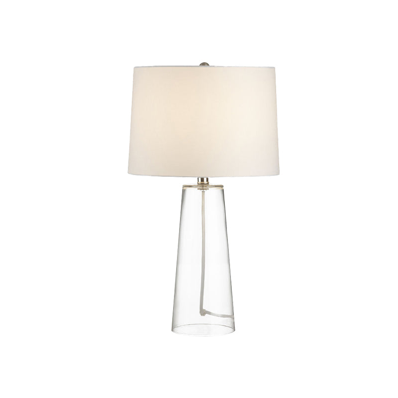 Lampe de table conique traditionnelle à 1 tête en verre transparent avec abat-jour en tissu blanc