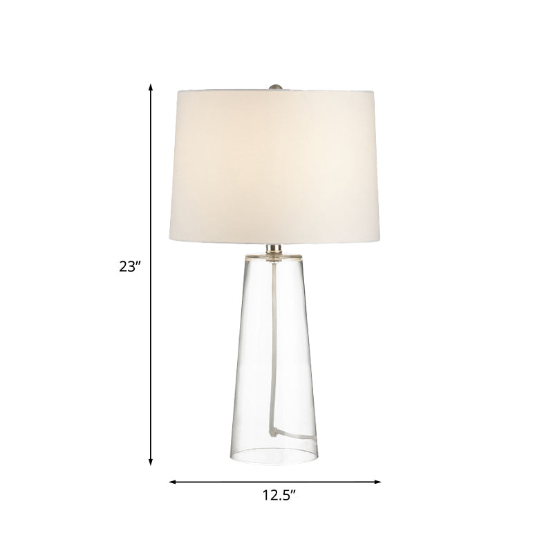 Lampe de table conique traditionnelle à 1 tête en verre transparent avec abat-jour en tissu blanc