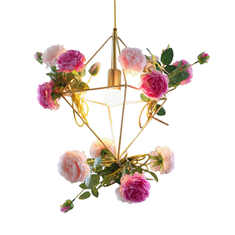 Diamond Cage Metal Pendant Light Kit Vintage 14"/18" H 1 Light Dining Room Hanging Lamp in Gold with Fake Flower