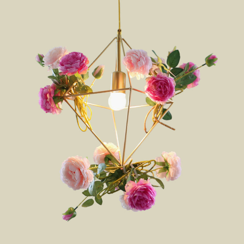 Diamond Cage Metal Pendant Light Kit Vintage 14"/18" H 1 Light Dining Room Hanging Lamp in Gold with Fake Flower