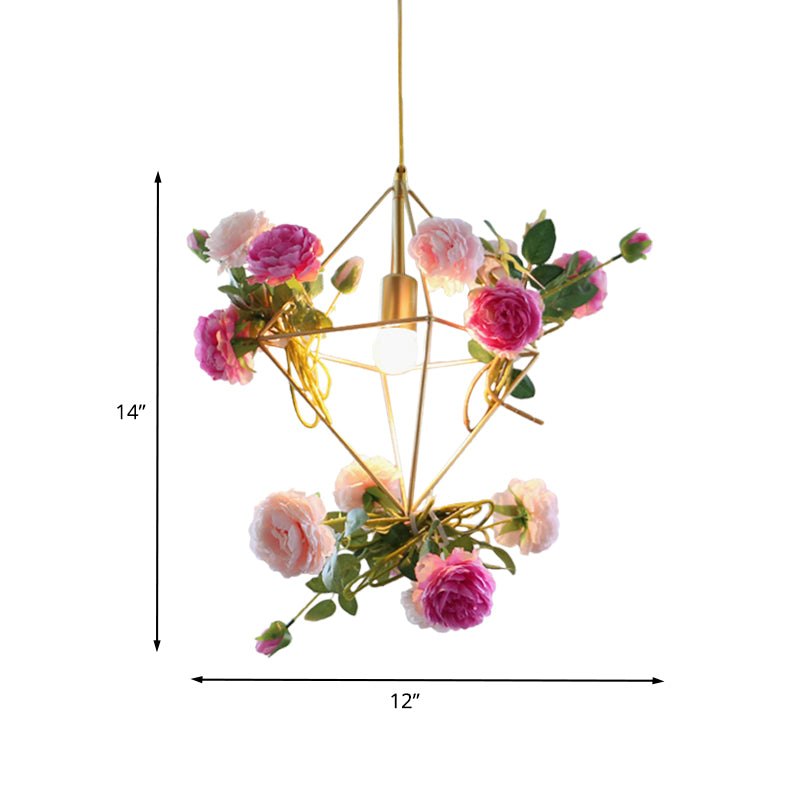 Diamond Cage Metal Pendant Light Kit Vintage 14"/18" H 1 Light Dining Room Hanging Lamp in Gold with Fake Flower