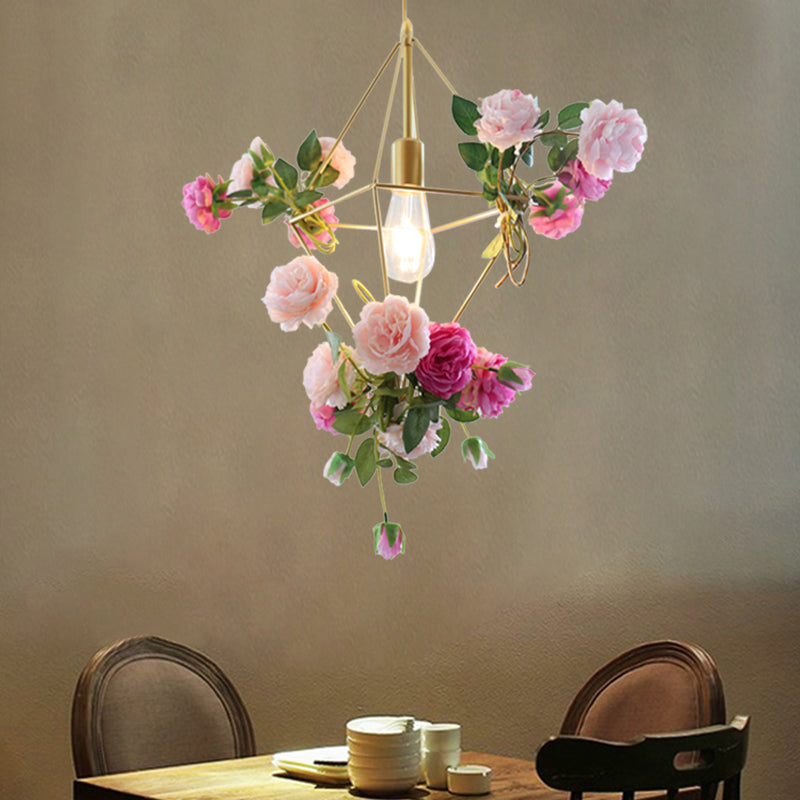 Diamond Cage Metal Pendant Light Kit Vintage 14"/18" H 1 Light Dining Room Hanging Lamp in Gold with Fake Flower