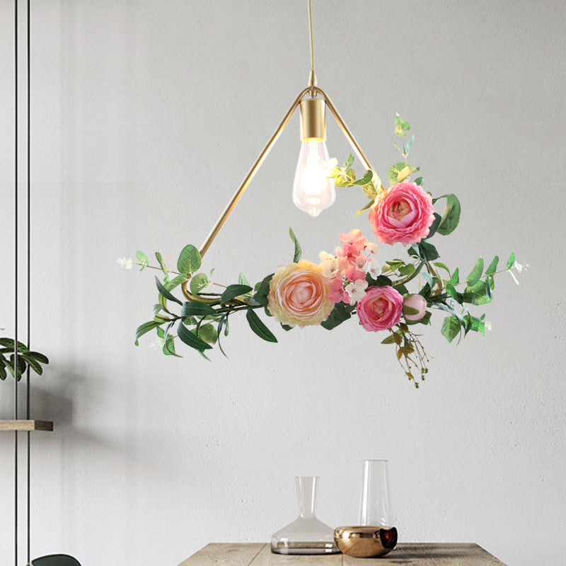 Metal Gold Ceiling Pendant Artificial Flower 1 Head Industrial Hanging Light Fixture with Triangle/Square/Linear Frame