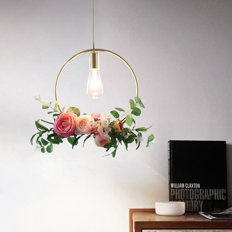 Metal Gold Ceiling Pendant Artificial Flower 1 Head Industrial Hanging Light Fixture with Triangle/Square/Linear Frame