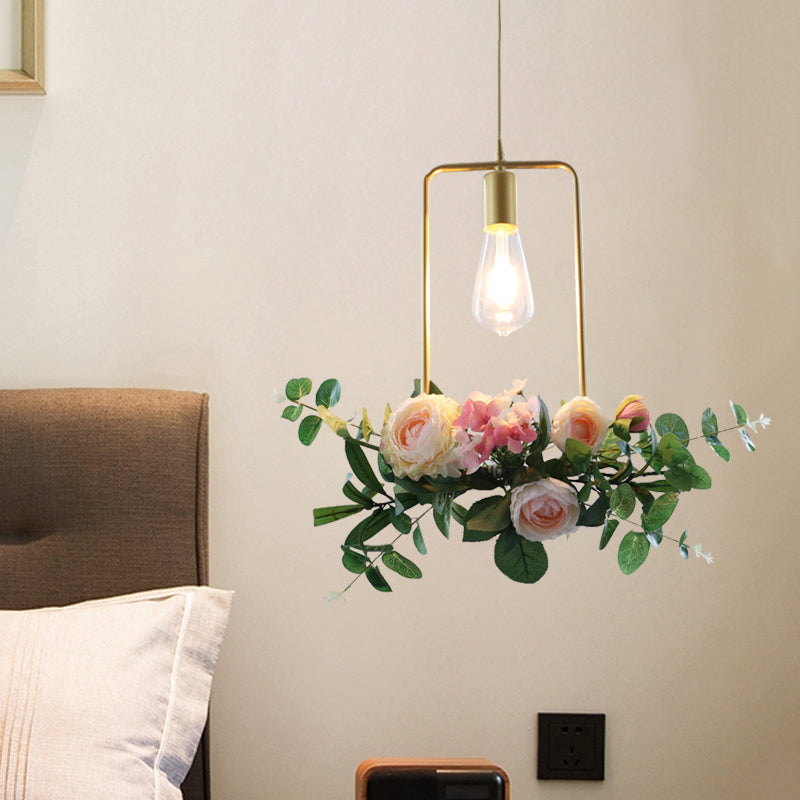 Metal Gold Ceiling Pendant Artificial Flower 1 Head Industrial Hanging Light Fixture with Triangle/Square/Linear Frame