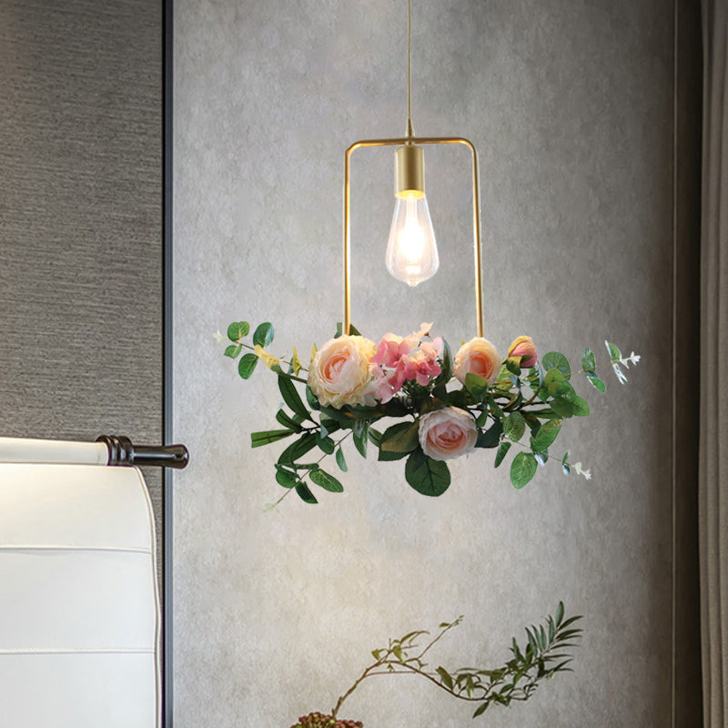 Metal Gold Ceiling Pendant Artificial Flower 1 Head Industrial Hanging Light Fixture with Triangle/Square/Linear Frame