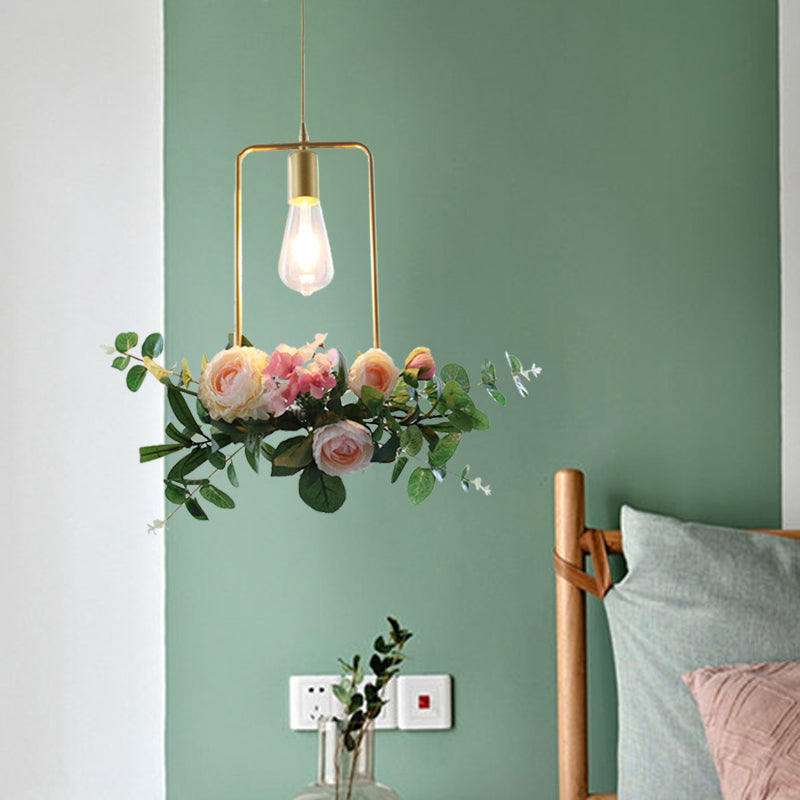Metal Gold Ceiling Pendant Artificial Flower 1 Head Industrial Hanging Light Fixture with Triangle/Square/Linear Frame